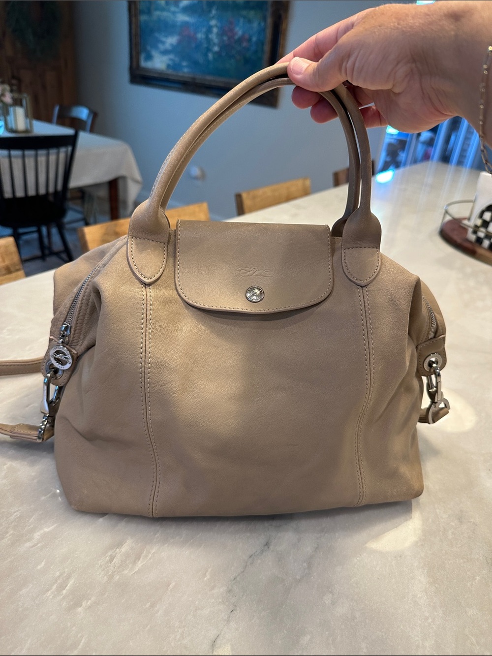 Longchamp Le Pliage Cuir in Griege Leather